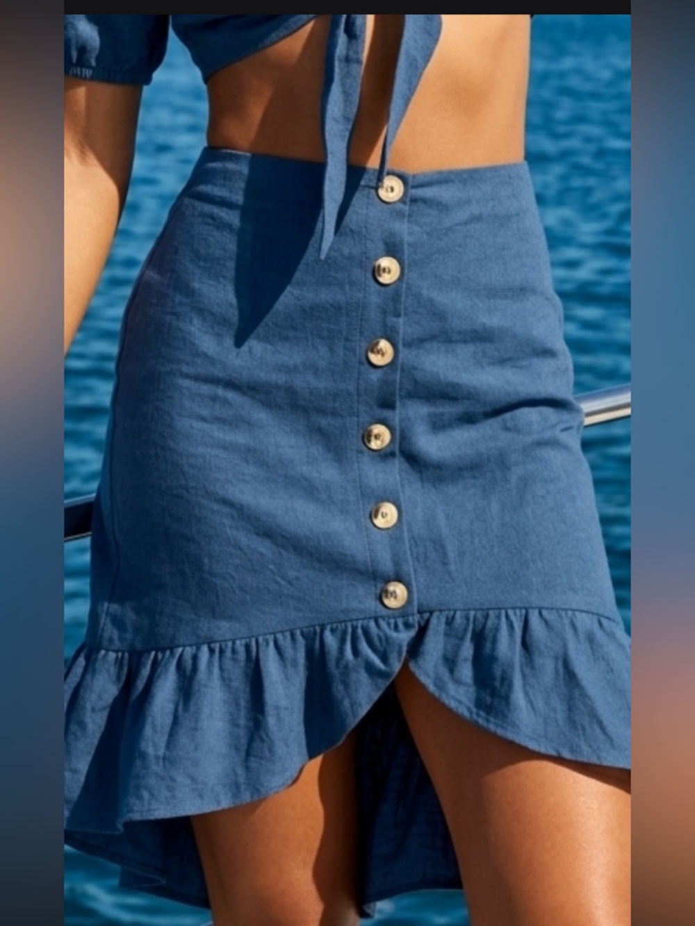 WET | WET Linen Steel Blue Button-Front Hi-Low Skirt | Swimsuit Cover-Up NWT M